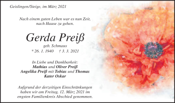 Traueranzeige von Gerda Preiß von Geislinger Zeitung