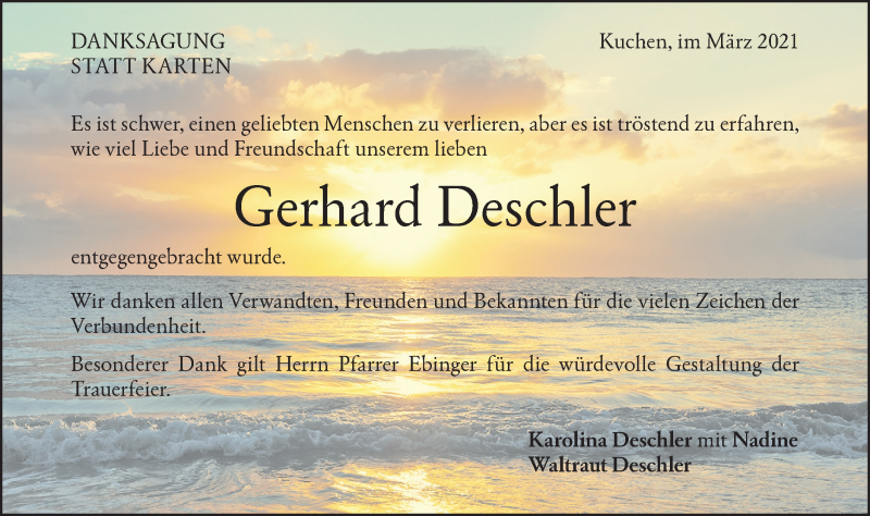  Traueranzeige für Gerhard Deschler vom 12.03.2021 aus Geislinger Zeitung