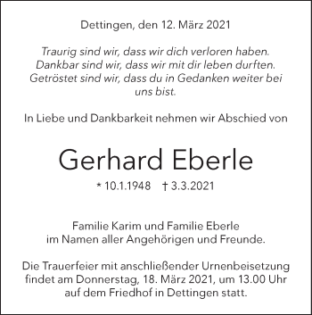 Traueranzeige von Gerhard Eberle von Metzinger-Uracher Volksblatt