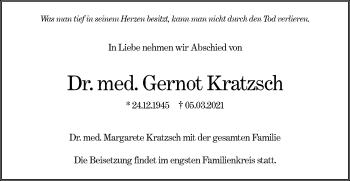 Traueranzeige von Gernot Kratzsch von SÜDWEST PRESSE Ausgabe Ulm/Neu-Ulm