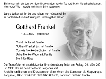 Traueranzeige von Gotthard Frenkel von SÜDWEST PRESSE Ausgabe Ulm/Neu-Ulm