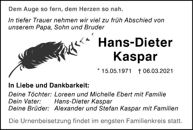  Traueranzeige für Hans-Dieter Kaspar vom 10.03.2021 aus Hohenloher Tagblatt
