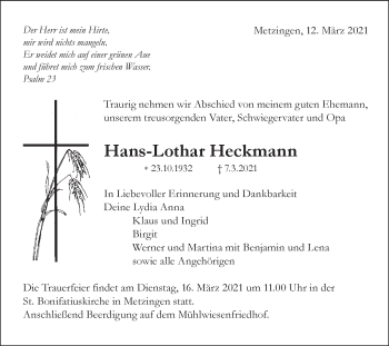 Traueranzeige von Hans-Lothar Heckmann von Metzinger-Uracher Volksblatt