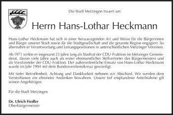 Traueranzeige von Hans-Lothar Heckmann von Metzinger-Uracher Volksblatt