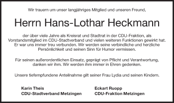 Traueranzeige von Hans-Lothar Heckmann von Metzinger-Uracher Volksblatt