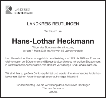 Traueranzeige von Hans-Lothar Heckmann von Metzinger-Uracher Volksblatt