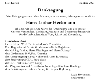 Traueranzeige von Hans-Lothar Heckmann von Metzinger-Uracher Volksblatt