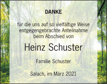 Traueranzeige von Heinz Schuster von NWZ Neue Württembergische Zeitung