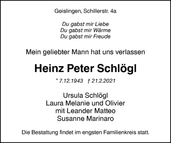 Traueranzeige von Heinz Peter Schlögl von NWZ Neue Württembergische Zeitung/Geislinger Zeitung