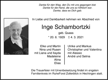 Traueranzeige von Inge Schambortzki von Metzinger-Uracher Volksblatt