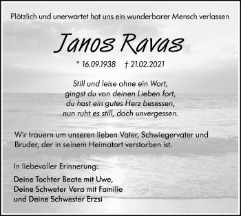 Traueranzeige von Janos Ravas von Hohenloher Tagblatt