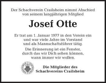 Traueranzeige von Josef Otte von Hohenloher Tagblatt