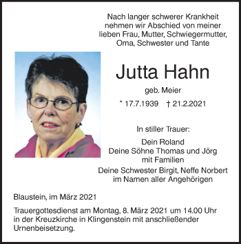 Traueranzeige von Jutta Hahn von SÜDWEST PRESSE Ausgabe Ulm/Neu-Ulm