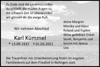 Traueranzeige von Karl Kümmel von SÜDWEST PRESSE Ausgabe Ulm/Neu-Ulm