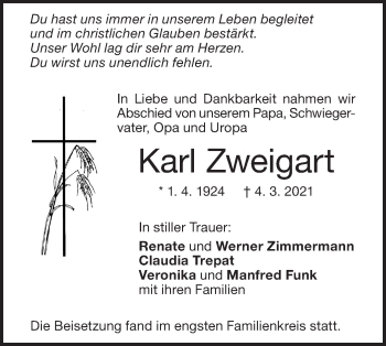 Traueranzeige von Karl Zweigart von Geislinger Zeitung