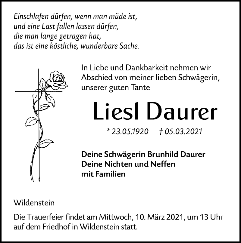  Traueranzeige für Liesl Daurer vom 09.03.2021 aus Hohenloher Tagblatt