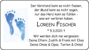 Traueranzeige von Loreen Fischer von Metzinger-Uracher Volksblatt