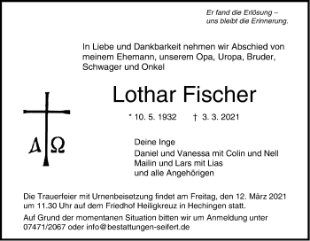 Traueranzeige von Lothar Fischer von Metzinger-Uracher Volksblatt