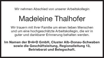 Traueranzeige von Madeleine Thalhofer von SÜDWEST PRESSE Ausgabe Ulm/Neu-Ulm