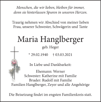 Traueranzeige von Maria Hanglberger von SÜDWEST PRESSE Ausgabe Ulm/Neu-Ulm