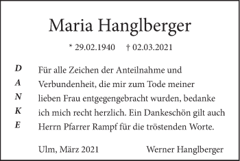 Traueranzeige von Maria Hanglberger von SÜDWEST PRESSE Ausgabe Ulm/Neu-Ulm
