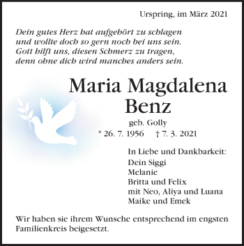 Traueranzeige von Maria Magdalena Benz von Geislinger Zeitung