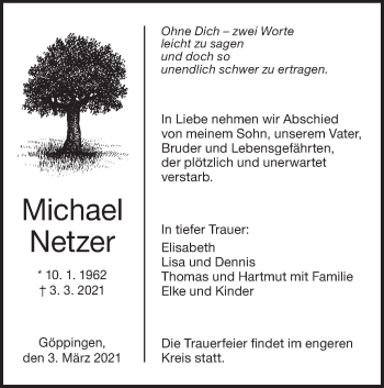 Traueranzeige von Michael Netzer von NWZ Neue Württembergische Zeitung