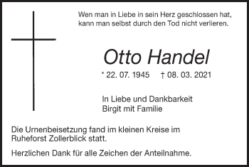 Traueranzeige von Otto Handel von Metzinger-Uracher Volksblatt