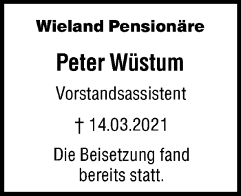 Traueranzeige von Peter Wüstum von SÜDWEST PRESSE Ausgabe Ulm/Neu-Ulm