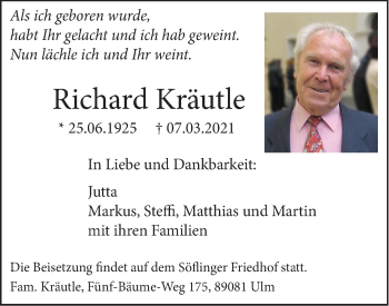 Traueranzeige von Richard Kräutle von SÜDWEST PRESSE Ausgabe Ulm/Neu-Ulm
