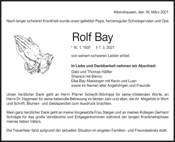 Traueranzeige von Rolf Bay von NWZ Neue Württembergische Zeitung
