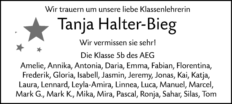  Traueranzeige für Tanja Halter-Bieg vom 20.03.2021 aus SÜDWEST PRESSE Ausgabe Ulm/Neu-Ulm