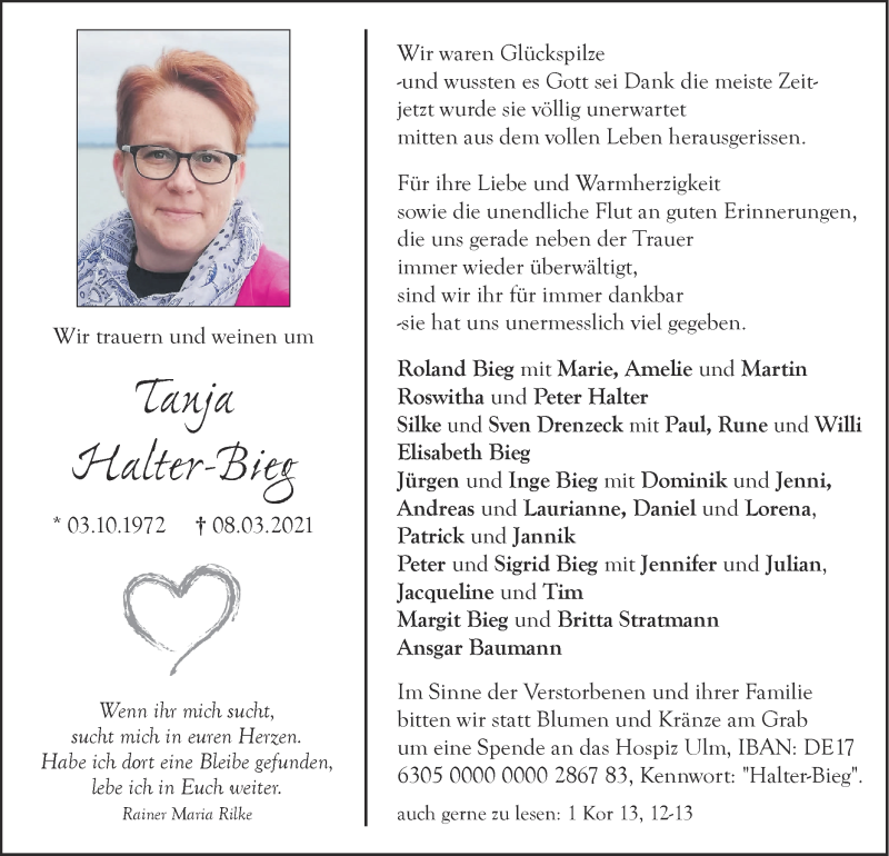  Traueranzeige für Tanja Halter-Bieg vom 13.03.2021 aus SÜDWEST PRESSE Ausgabe Ulm/Neu-Ulm