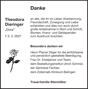 Traueranzeige von Theodora Dieringer von Metzinger-Uracher Volksblatt