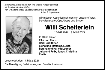 Traueranzeige von Willi Scheiterlein von Hohenloher Tagblatt