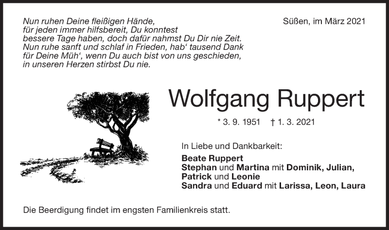  Traueranzeige für Wolfgang Ruppert vom 03.03.2021 aus NWZ Neue Württembergische Zeitung