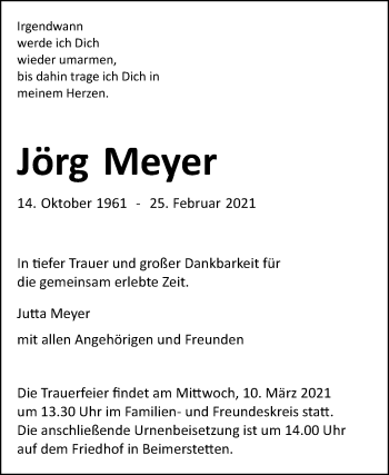 Traueranzeige von Jörg Meyer von SÜDWEST PRESSE AUSGABE ULM/NEU-ULM