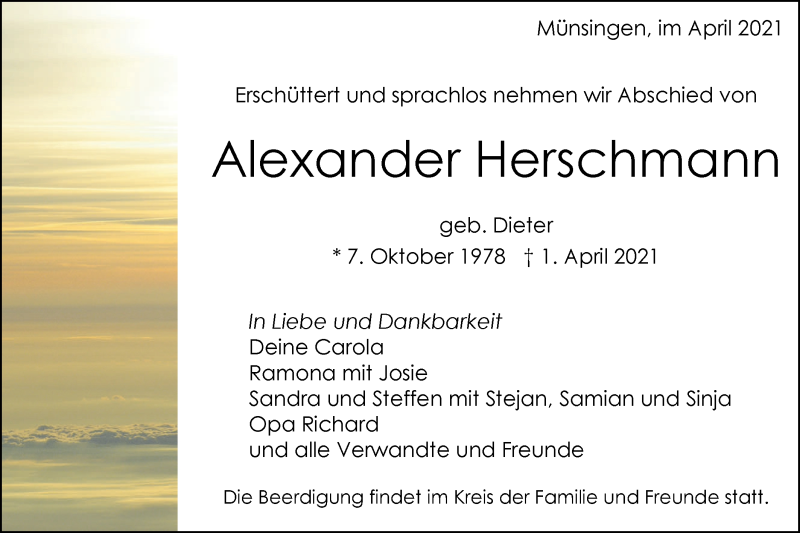  Traueranzeige für Alexander Herschmann vom 07.04.2021 aus Alb-Bote/Metzinger-Uracher Volksblatt
