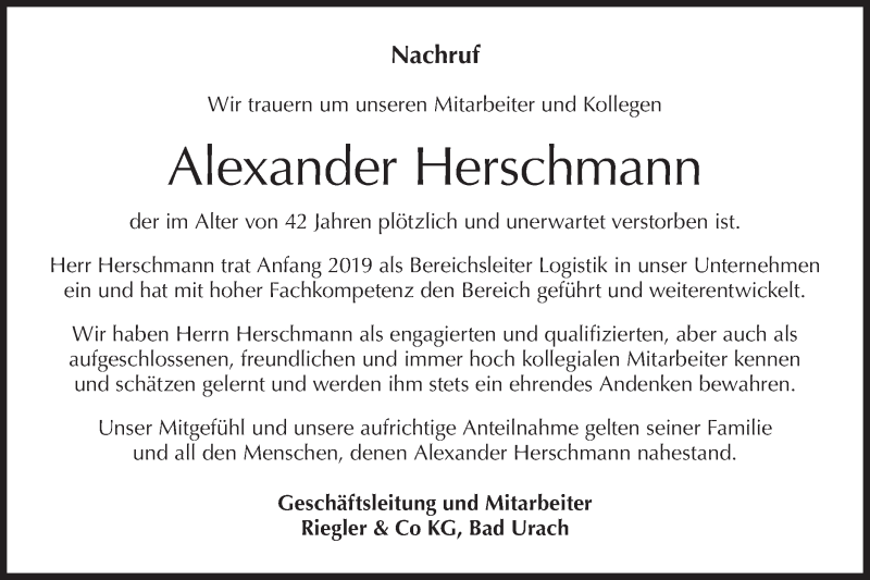  Traueranzeige für Alexander Herschmann vom 07.04.2021 aus Metzinger-Uracher Volksblatt