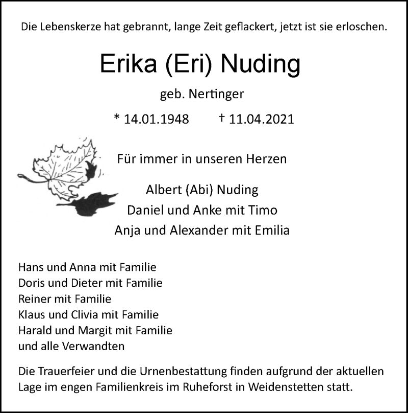  Traueranzeige für Erika Nuding vom 14.04.2021 aus SÜDWEST PRESSE Ausgabe Ulm/Neu-Ulm