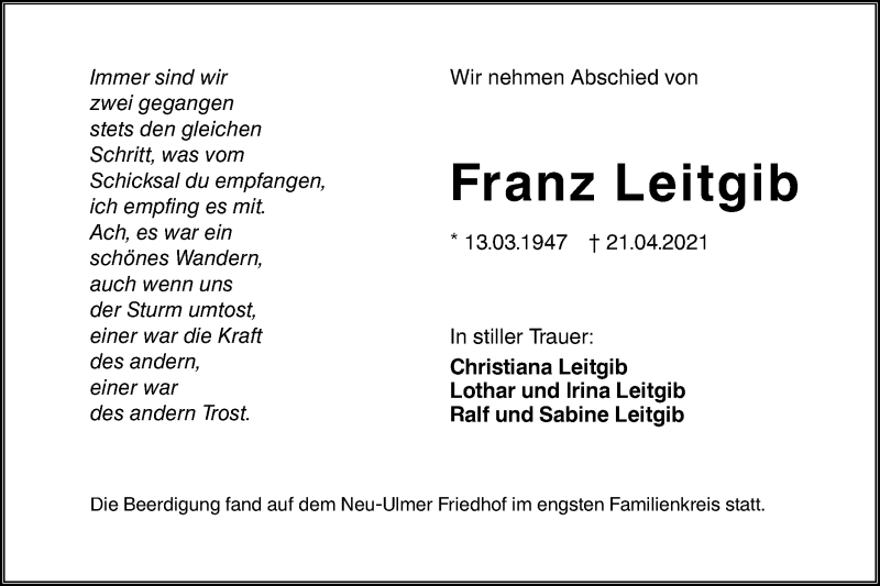 Traueranzeige für Franz Leitgib vom 29.04.2021 aus SÜDWEST PRESSE Ausgabe Ulm/Neu-Ulm