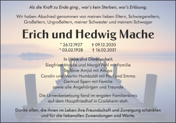 Traueranzeige von Hedwig Mache von Hohenloher Tagblatt