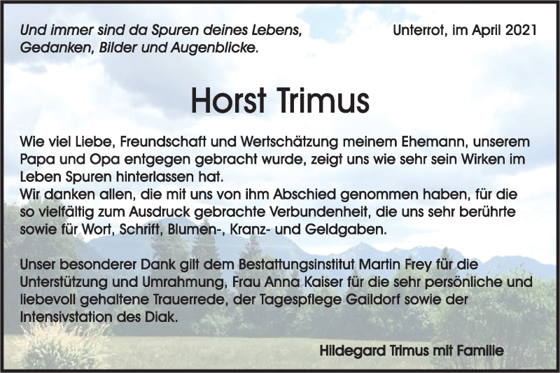  Traueranzeige für Horst Trimus vom 24.04.2021 aus Rundschau Gaildorf