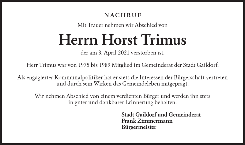  Traueranzeige für Horst Trimus vom 21.04.2021 aus Rundschau Gaildorf