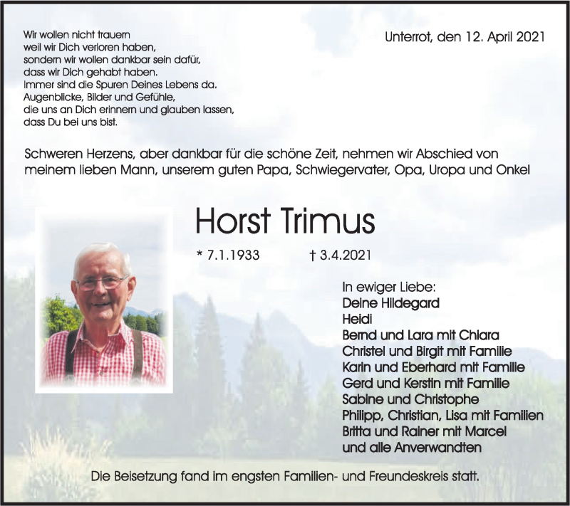  Traueranzeige für Horst Trimus vom 13.04.2021 aus Rundschau Gaildorf