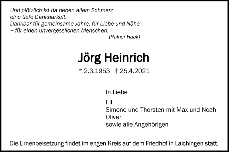  Traueranzeige für Jörg Heinrich vom 28.04.2021 aus SÜDWEST PRESSE Ausgabe Ulm/Neu-Ulm