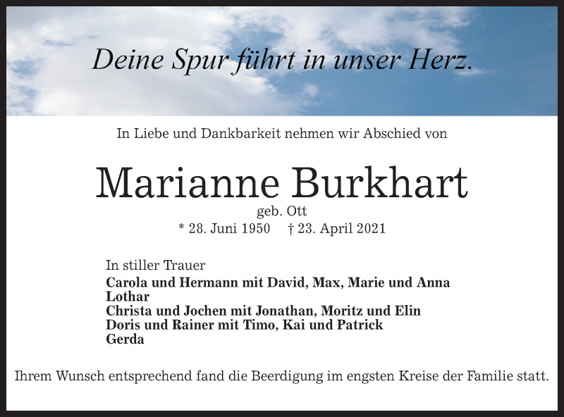 Traueranzeige für Marianne Burkhart vom 30.04.2021 aus Alb-Bote/Metzinger-Uracher Volksblatt