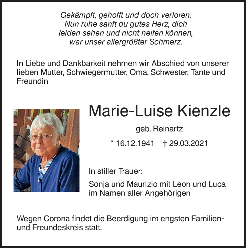  Traueranzeige für Marie-Luise Kienzle vom 03.04.2021 aus SÜDWEST PRESSE Ausgabe Ulm/Neu-Ulm