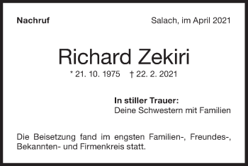 Traueranzeige von Richard Zekiri von NWZ Neue Württembergische Zeitung