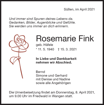Traueranzeige von Rosemarie Fink von NWZ Neue Württembergische Zeitung